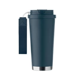 A drink bottle in navy blue with a stainless steel base and a textured strap for easy carrying.