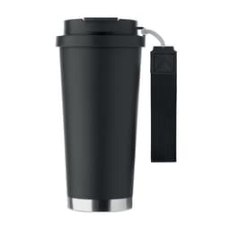 A drink bottle in matte black with a stainless steel base and a textured strap attached. It features a lid.