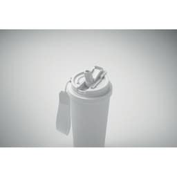 A drink bottle in white with a secure lid and handle, featuring a branding logo.