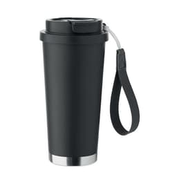 A drink bottle in matte black with a stainless steel base and a black strap for carrying. It features a logo.