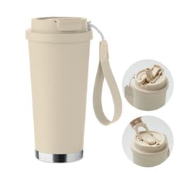 A drink bottle in a light beige colour with a silver base, featuring a lid with a straw and a handle.