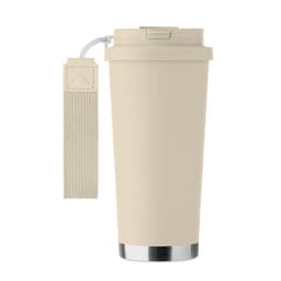 A drink bottle in a beige colour with a stainless steel bottom and a handle attachment. It features a lid for easy access.