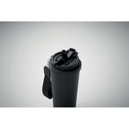 A drink bottle in matte black with a secure lid and a handle for easy carrying. Includes a logo on the side.