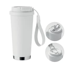 A drink bottle in white with a silver base and a removable strap. Features a lid with a drinking spout.