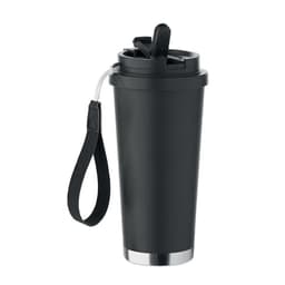 A drink bottle in matte black with a stainless steel base and a black strap for easy carrying.