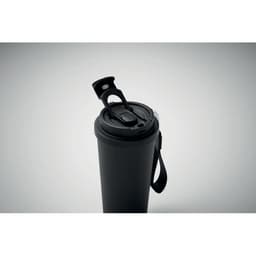 A drink bottle in matte black with a secure lid and a carrying strap. Features a branding logo on the body.