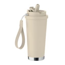 A drink bottle in cream with a metallic base, featuring a straw and a strap for carrying. It has a logo.
