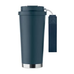 A drink bottle in dark blue with a stainless steel base and a detachable strap. Features a branded logo.