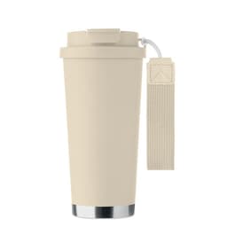 A drink bottle in a light beige colour with a metal base and a strap attached for easy carrying.