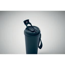 A drink bottle in dark green with a flip top lid and a carrying strap. It features a logo on the side.