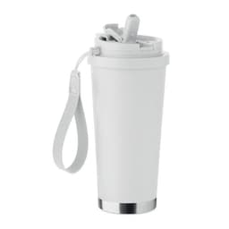 A drink bottle in white with a grey lid and straw, featuring a handle for easy carrying.