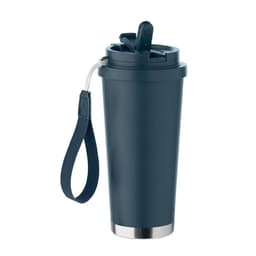 A drink bottle in navy blue with a stainless steel base and a detachable strap for easy carrying.
