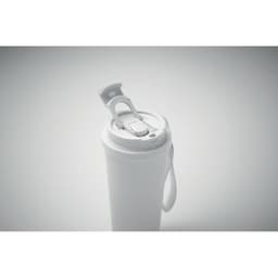 A drink bottle in white with a grey lid featuring a flip-top opening and a carrying handle.