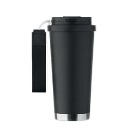 A drink bottle in matte black with a silver base and a strap attached to the lid. It features a logo.