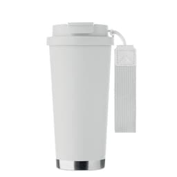 A drink bottle in matte white with a silver base and a grey strap for easy carrying. It features a logo.