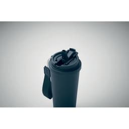 A drink bottle in matte black with a secure lid and carrying strap, featuring a logo.