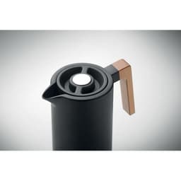A drink bottle in sleek black with a wooden handle and a rounded spout, featuring a minimalist design and a logo.