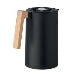 A drink bottle in matte black with a wooden handle and a sleek, minimalist design. Features a logo on the body.