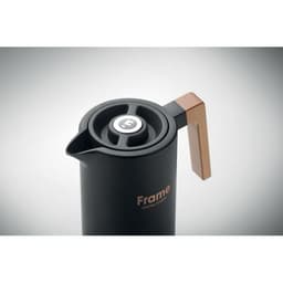 A black drink bottle with a wooden handle and a logo on the side. The design features a modern, sleek style.