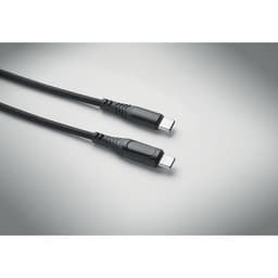 A black braided USB cable with two connectors at each end, resting on a plain background.