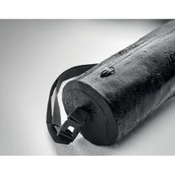 A black drink bottle with a textured surface and a strap, featuring a zip closure. It has a logo on the side.