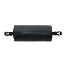 A cylindrical black bag with a zippered pocket and adjustable straps on both ends.