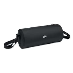 A black cylindrical bag with a strap, featuring a simple logo on the front.