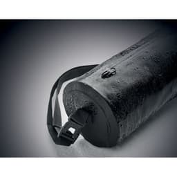 A black cylindrical drink bottle with a strap, featuring a textured surface and a zippered section.