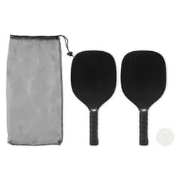 A set of two black paddles with grips and a white ball, packaged in a mesh drawstring bag.