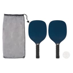 A set of two blue pickleball paddles with black grips, accompanied by a white ball and a mesh storage bag.