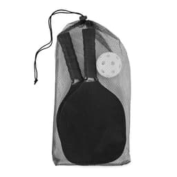 A set of black paddle bats and a ball in a black mesh bag. The bag has a drawstring closure.