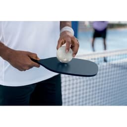 A paddle in hand, featuring a blue surface, with a white ball resting on it near a net.