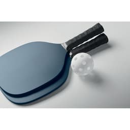A set of blue paddle racquets with textured black grips, accompanied by a white ball with holes.