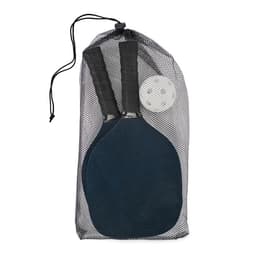 A paddle set featuring two blue paddles and a white ball, packaged in a black mesh drawstring bag.