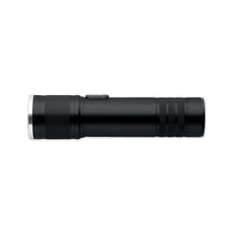 A black flashlight featuring a textured grip and a silver bezel, with an on/off button.