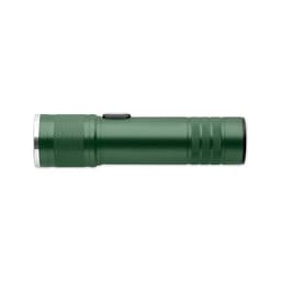 A green flashlight with textured grip and a silver end, featuring a side power button.
