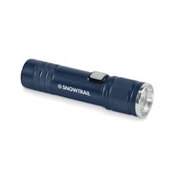 A blue flashlight with a silver bezel, featuring a textured grip and a button on the side. It includes a logo.