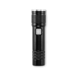 A black flashlight with a textured grip and a button on the side. It features a silver bezel at the top.