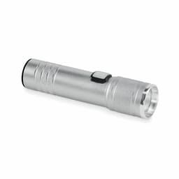 A silver flashlight with a textured grip and a power button. It has a cylindrical shape and a round light housing.