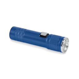 A blue torch with a textured grip and a silver LED light at the front. It features a push button switch.