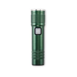 A green torch with a textured grip and a power button, featuring a silver top.