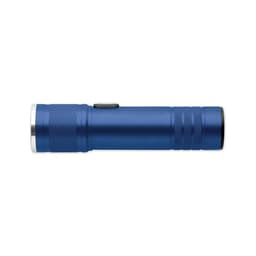 A blue torch featuring a textured grip and a button, with a silver bezel and end cap.