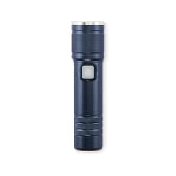A drink bottle in navy blue with a textured grip and a push button switch, featuring a silver top and a logo.