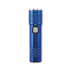 A blue flashlight with a textured grip and a push-button switch, featuring a metallic end cap.