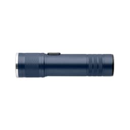 A flashlight in navy blue with a textured grip and a silver end, featuring a push button on the side.