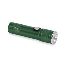 A green flashlight with a silver head and a textured grip, featuring a power button on the side.