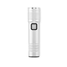 A flashlight in silver with a textured grip and a power button. It features a sleek, cylindrical design.