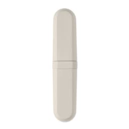 A drink bottle in a soft beige colour with a sleek, minimalistic design and a logo on the surface.