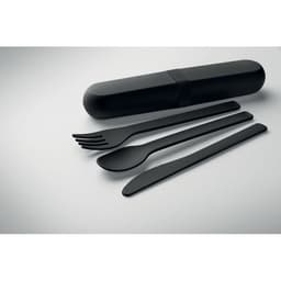 A black cutlery set including a fork, spoon, and knife, stored inside a cylindrical case.