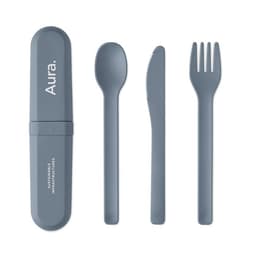 A grey cutlery set including a spoon, fork, and knife, stored in a matching case with a logo.